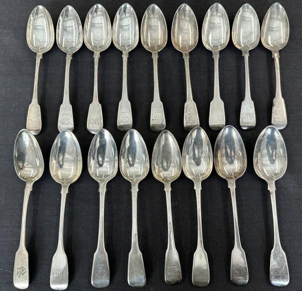 (17) large early sterling fiddle spoons, similar patterns, (measure 9" long), hallmarks pictured, (1 of 12)