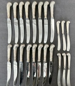 (22) matching silver handle early knives, includes (8) dinner knives, (8) smaller knives and (6)