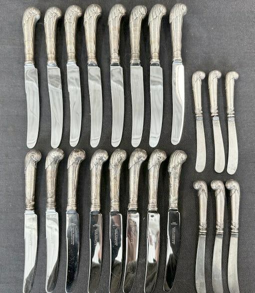(22) matching silver handle early knives, includes (8) dinner knives, (8) smaller knives and (6) (1 of 9)