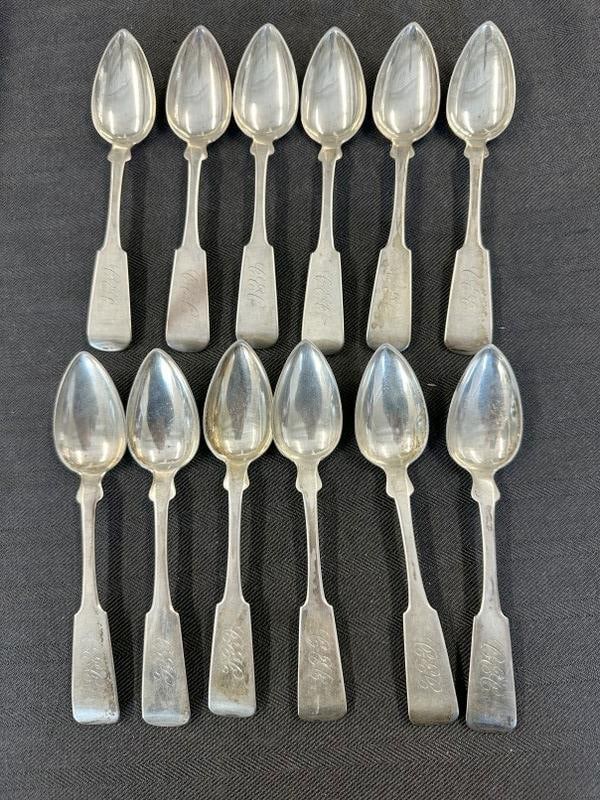 (12) ALBANY NY coin silver spoons, made by ( MULFORD & WENDELL ), all monogrammed. They measure (1 of 5)