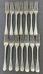 (14) early silver dessert forks, hallmarks as pictured, some match, some similar, they measure