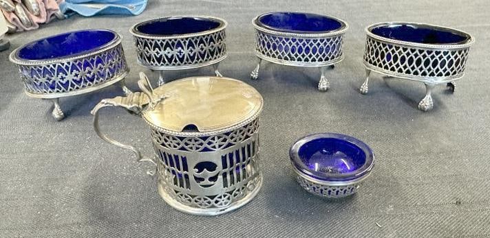 (6 ) early salts & condiment lidded jar with cobalt glass inserts. Includes (2) pairs of matching (1 of 9)