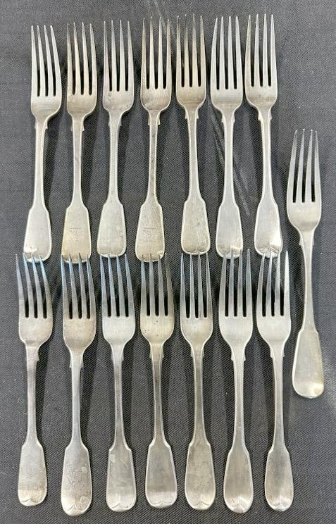(15) early fiddle forks, some matching, some close matches, measure approx. 7.75" long, total weight (1 of 10)