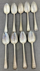 (9) early large spoons, all with figures monograms, hallmarks as pictured, some match, some are