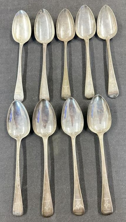 (9) early large spoons, all with figures monograms, hallmarks as pictured, some match, some are (1 of 10)