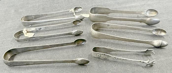 (6) different silver tongs, hallmarks, and various sizes. Total weight is (6.05 troy ounces), From: (6) different silver tongs, hallmarks, and various sizes. Total weight is (6.05 troy ounces), From Hudson Valley estate collection of 18th & 19th century silver, her Mother purchased most of it at Sot