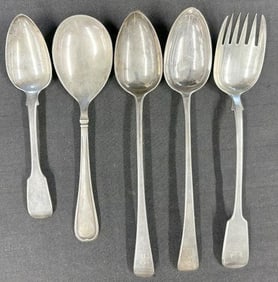 (5) early silver serving pieces, ( 4 spoons ) and (1) fork, hallmarks pictured, tallest measures