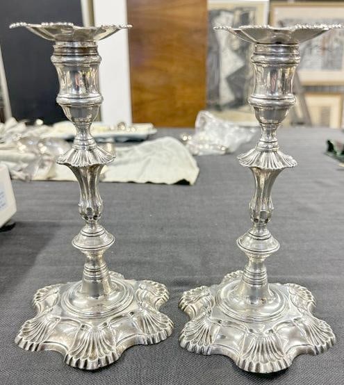 Pair JOHN CAFE Georgian cast silver candlesticks, hallmarks are inside base, (1 of 8)