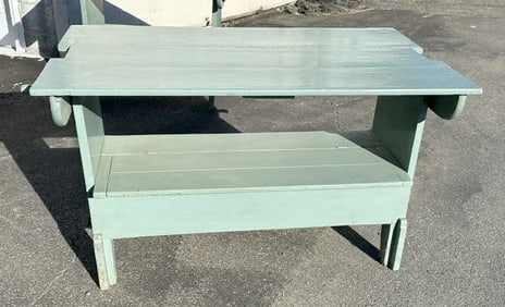Blue Hudson Valley lift top hutch table from Hudson Valley estate, closed it measures 29.75" H x 49"