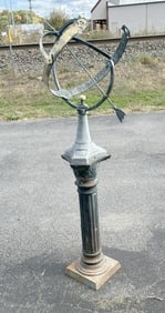 Nice old garden metal armilliary, nice old patina, from Hudson Valley garden, measures 51" H x 17"