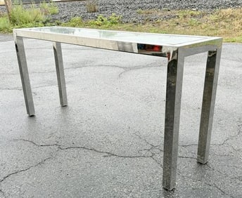 Nice mid century chrome w/glass top console table, measures 60" W x 15.5" D x 28" H.