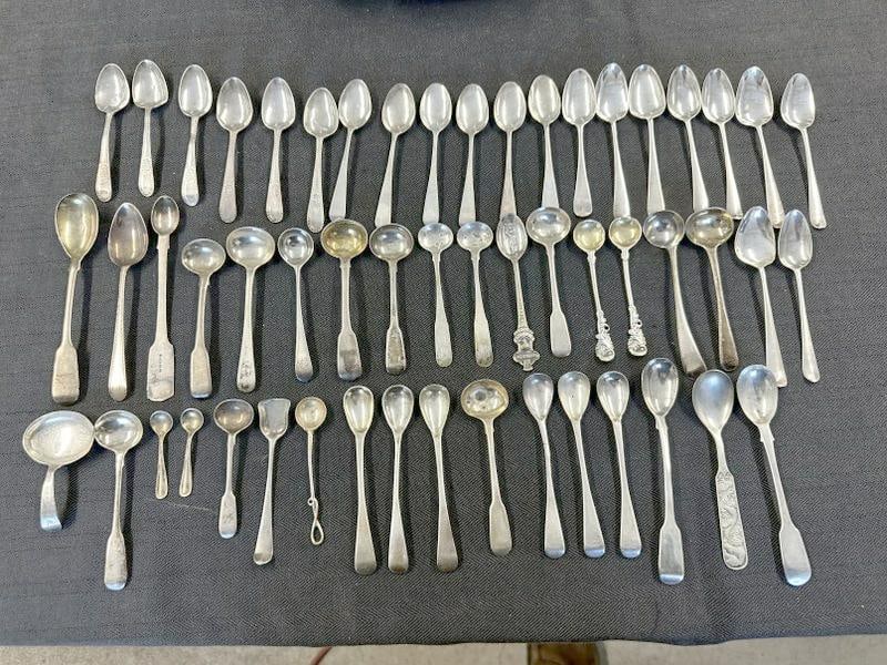 (54) small silver spoons incl. demitasse, salt & condiment spoons, baby spoons, (1) souvenir spoon, (1 of 6)