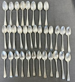 (33) early silver teaspoons, some matching, some a few match, some hallmarks as pictured, sizes are