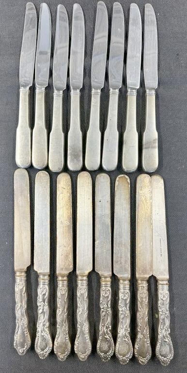 (2) sets of (8) sterling handle dinner knives, the fancy set has monograms, weight is (8) troy: (2) sets of (8) sterling handle dinner knives, the fancy set has monograms, weight is (8) troy ounces, figuring 1/2 ounce per handle. The fancy set of (8) is made by Gorham. From Hudson Valley estate