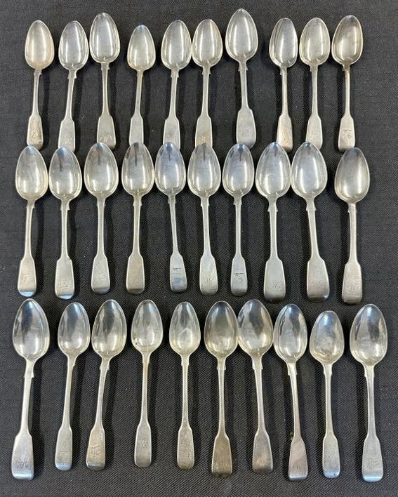 (30) early sterling fiddle teaspoons, some matching, some close, approx. 5.75" long, give or take, (1 of 7)
