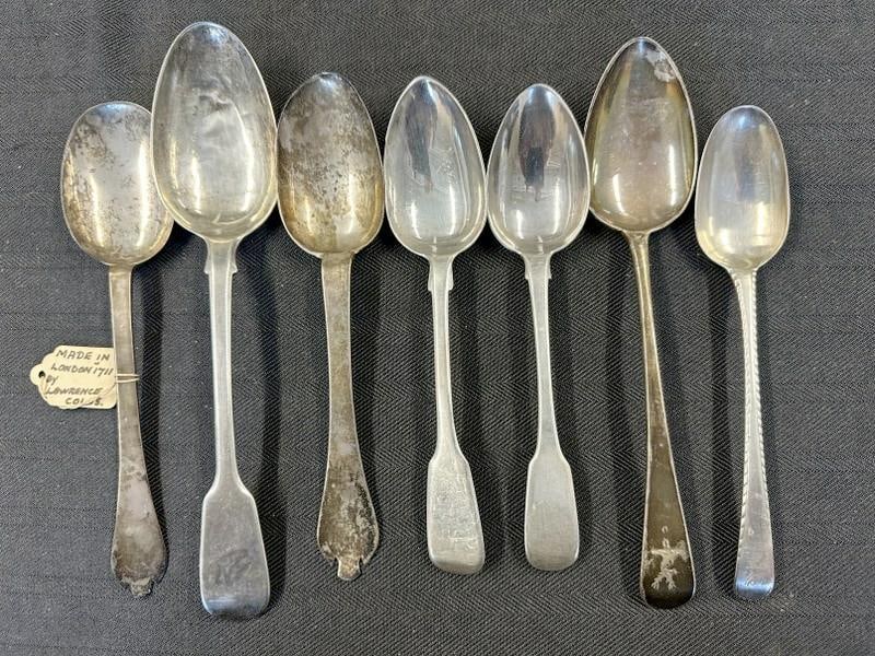 (7) early misc. larger spoons, hallmarks as pictured, one tag states it was ade by Lawrence Coles, (1 of 6)