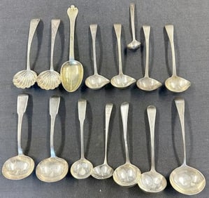 (14) early sterling serving ladles & (1) early spoon, hallmarks as pictured. Different sizes, some