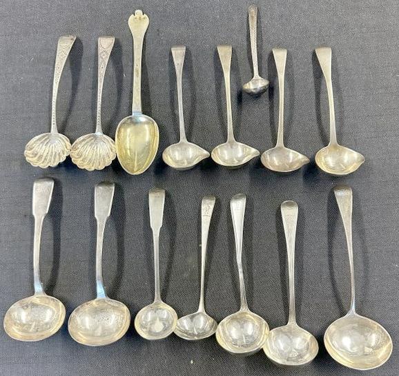(14) early sterling serving ladles & (1) early spoon, hallmarks as pictured. Different sizes, some (1 of 11)
