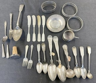 Misc. estate lot old sterling & coin silver spoons….some rims for condiment inserts, and some