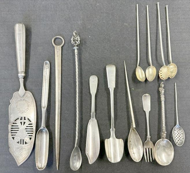 Lot of (14) early silver serving utensils, some with pick ends, unusual scoops, ( fish knife has a (1 of 14)