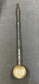 Early silver toddy ladle, with (1757) coin inserted on bottom, as pictured. Handle looks like ebony,