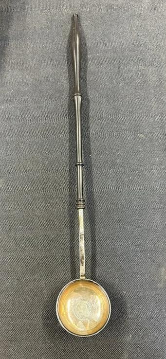 Early silver toddy ladle, with (1757) coin inserted on bottom, as pictured. Handle looks like ebony, (1 of 4)