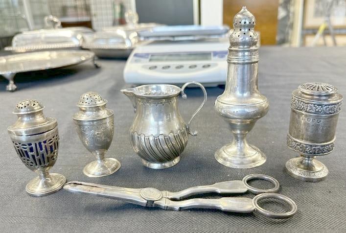 (6) pc. Sterling lot to include single salt and pepper shakers, grape shear, and small pitcher. One (1 of 8)