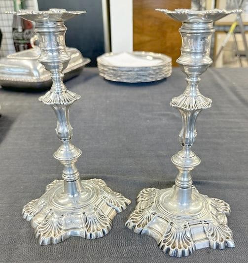 John Cafe Georgian silver cast candlesticks, London, circa 1750's, marked inside bases (1 of 10)