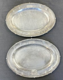 Pair PAUL STORR silver meat tray or serving platters, hallmarked as pictured, close up of family