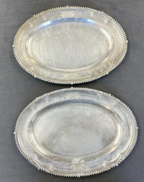 Pair PAUL STORR silver meat tray or serving platters, hallmarked as pictured, close up of family (1 of 8)