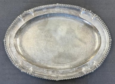PAUL STORR sterling 22" long meat platter, crest as pictured, measures 22" long x 16" diameter.