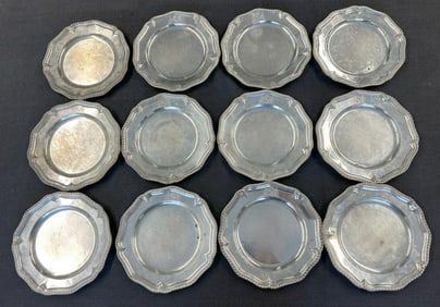 Set of (12) early English sterling dinner plates, hallmarks as pictured, they measure 9.5" across,