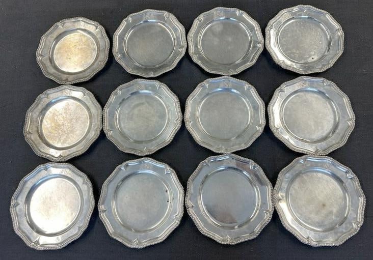 Set of (12) early English sterling dinner plates, hallmarks as pictured, they measure 9.5" across, (1 of 11)