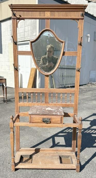 Circa 1900 oak hall tree umbrella stand w/marble top and 1 drawer, measures 76.25" H x 35.5" W x 13" (1 of 4)