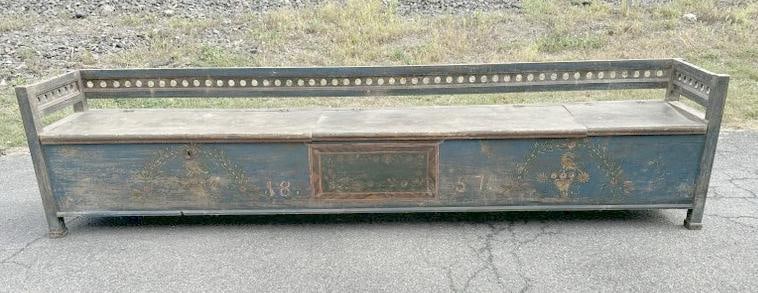 Early long lift top bench in old blue paint and decorated front, dated on front 1857. Has 3 (1 of 5)