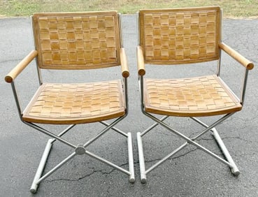 Pair of CHROMECRAFT circa 1970's chrome director chairs with woven leather seats and backs, nice