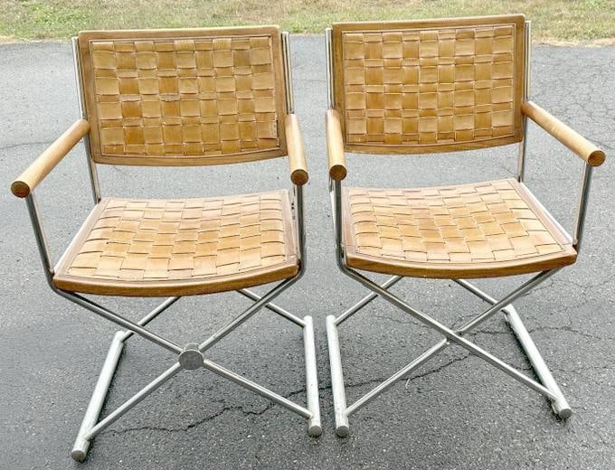 Pair of CHROMECRAFT circa 1970's chrome director chairs with woven leather seats and backs, nice (1 of 8)