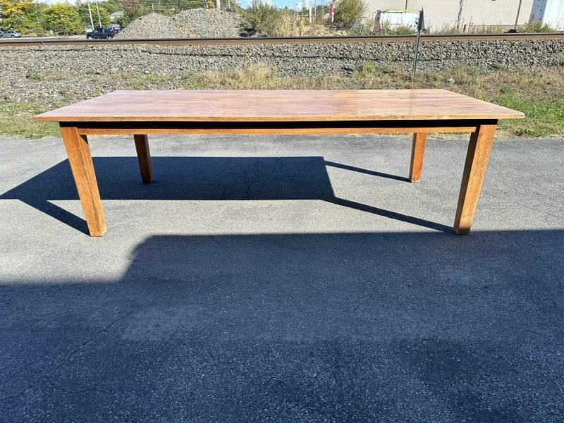 Nice contemporary with some age farm table, structurally sound, wear to the patina with some light: Nice contemporary with some age farm table, structurally sound, wear to the patina with some light staining and scratches, just as we found it, measures 104" W X 47" D X 29.75" H.