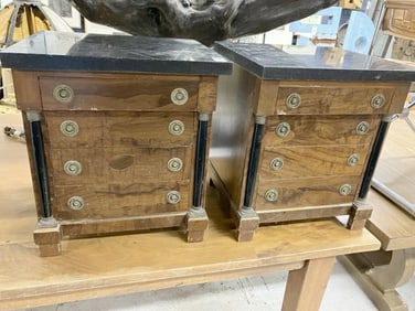 Pair of diminutive decorative 4 drawer chests w/black marble tops and columns on front, some wear to