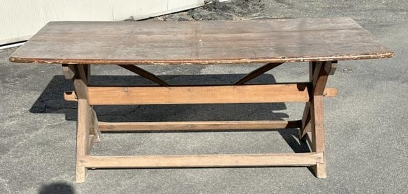 Early sawbuck country dining table with peg construction, dovetail construction on base, nicely worn