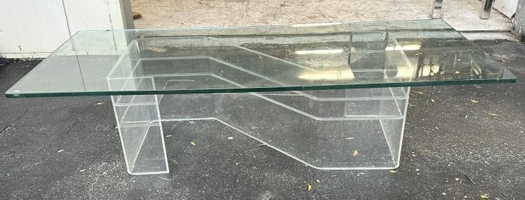 Mid century plate glass coffee table w/lucite base, chip in glass top on underside near 1 corner, (1 of 3)