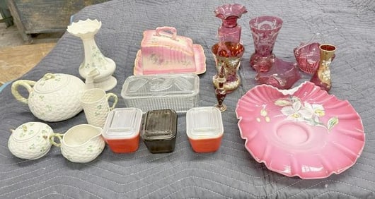Decorative porcelains and glass lot from local estate, colored glass, Belleek, refrigerator jars,