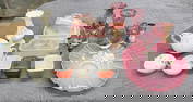 Decorative porcelains and glass lot from local estate, colored glass, Belleek, refrigerator jars,
