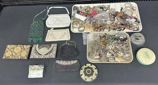 Estate lot costume jewelry, purses including some beaded, and related. Just as we found it in a