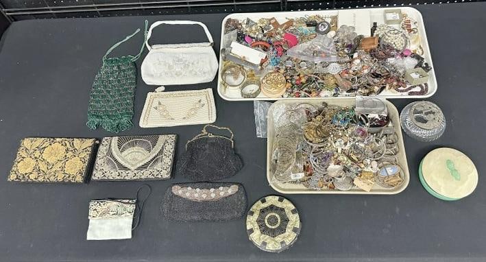 Estate lot costume jewelry, purses including some beaded, and related. Just as we found it in a (1 of 9)