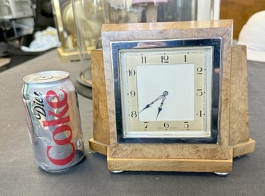 Art Deco burl clock, nice form, clean condition, from local estate.