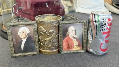 Misc. 3 pc estate lot to include bronze brush pot & (2) small framed pcs. of George Washington & Ben