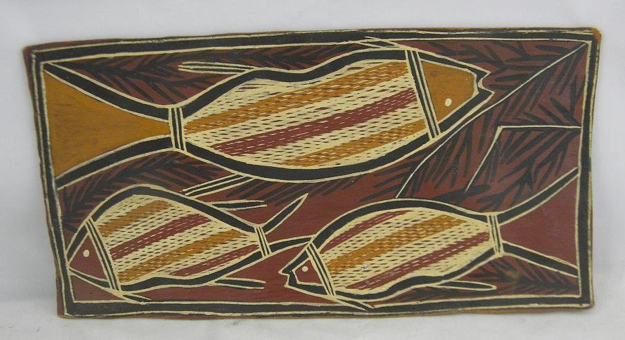 JOHN RURIYA PAINTING OF NAIL FISH ON WOOD PANEL. ME: JOHN RURIYA PAINTING OF NAIL FISH ON WOOD PANEL. MEASURES 8" X 16", INFORMATION ON BACK, AS PICTURED. AUSTRALIAN ABORIGINAL ARTIST.