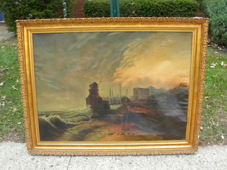 19TH C O/C COAST OF NORMANDY BY HUDSON C TREDWAY. C: 19TH C O/C COAST OF NORMANDY BY HUDSON C TREDWAY. CANVAS MEASURES 28 1/2" X 39". IN PERIOD GILT FRAME, WITH SOME SMALL PIECES OFF. CANVAS IS COMING OFF STRETCHER ON RIGHT SIDE. OLD PATCH ON BACK AS PI