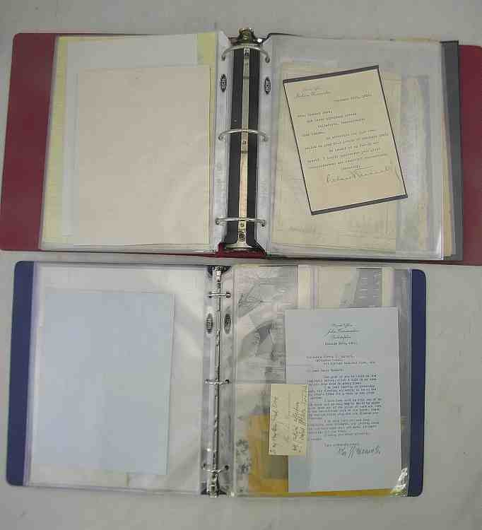 2 Albums JOHN WANAMAKER Signed Letters & Lots Mor: 2 Albums of JOHN WANAMAKER Signed Letters on his personal stationary, signed cabinet card of him, and both albums with interesting Pennsylvania paper, including postcards, tickets, manuscripts, circul